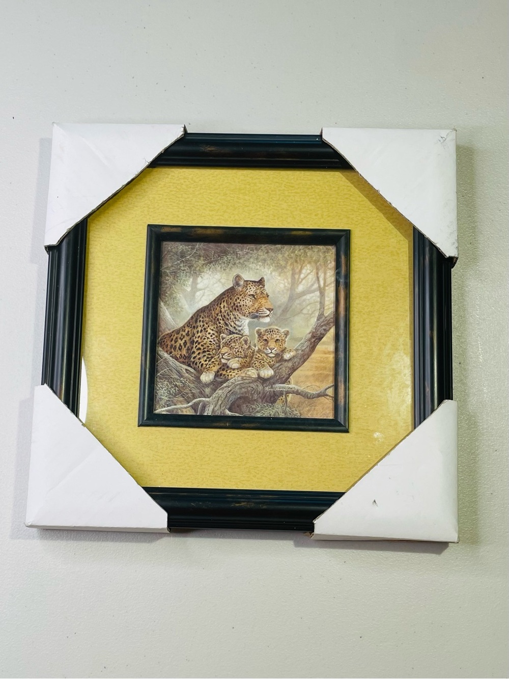 NWT Framed Leopard Family Wall Art by Ruane Manning - Yellow Mat Black Frame